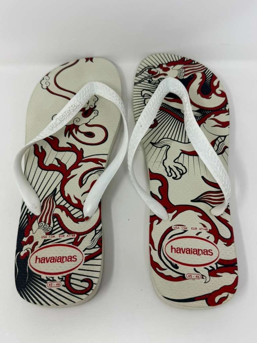 Havaianas White Straps Red and Black Dragon Print Flip Flops 13M
